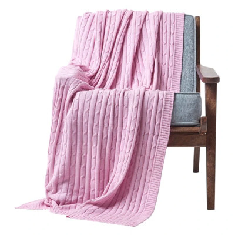 Image of Homescapes Cotton Cable Knit Pastel Pink Throw, 130 X 170 Cm
