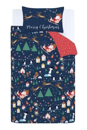 Image of Catherine Lansfield Santa's Christmas Wonderland Duvet Cover and Pillowcase Set Navy