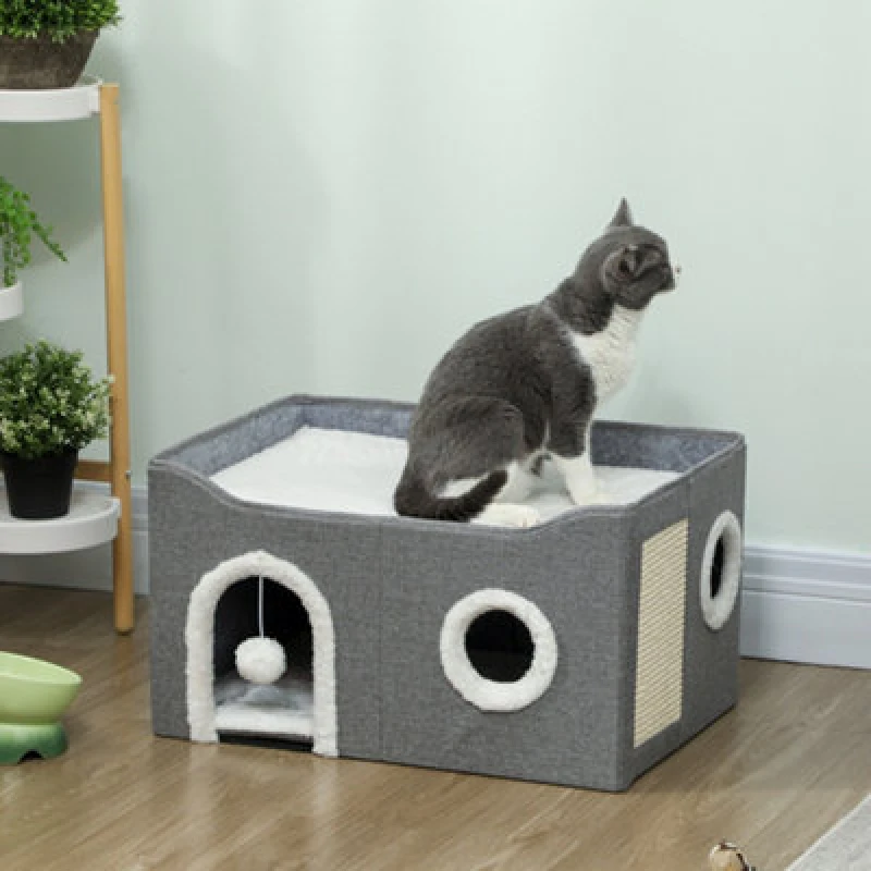 Image of PawHut PawHut Cat Cave with Fluffy Ball and Scratch Pad for Indoor Pets 5063603575042