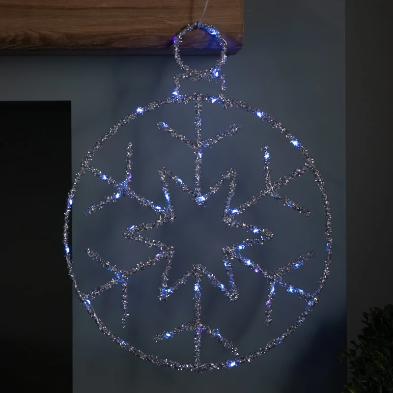 Image of 49cm Battery Powered Light up Silver Christmas Snowflake Ball with Blue Twinkling LEDs