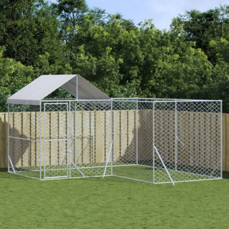 Image of Vidaxl Outdoor Dog Kennel With Roof Silver 4X4X2.5 M Galvanised Steel