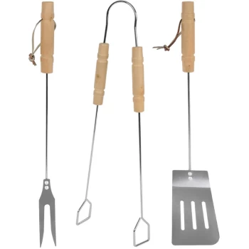 Image of Markenartikel - BBQ Set 3 Pieces Grill Tongs Fork Turner Stainless Steel Wooden Handle Cutlery