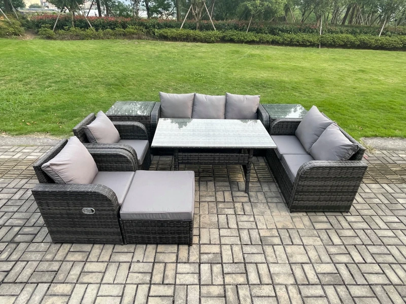 Image of Fimous Dark Grey PE Wicker Rattan Garden Furniture Set Reclining Chair Love Sofa 2 Seater Sofa Set Outdoor Rectangular Dining Table Big Footstool Dark