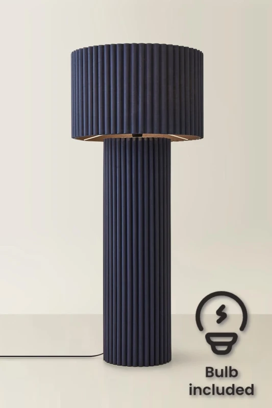 Image of ValueLights ValueLights Lenny Drum Shade Colour Drench Ribbed Fabric Midi Floor Lamp with Bulb in Navy Navy One Size Unisex 5059406066528