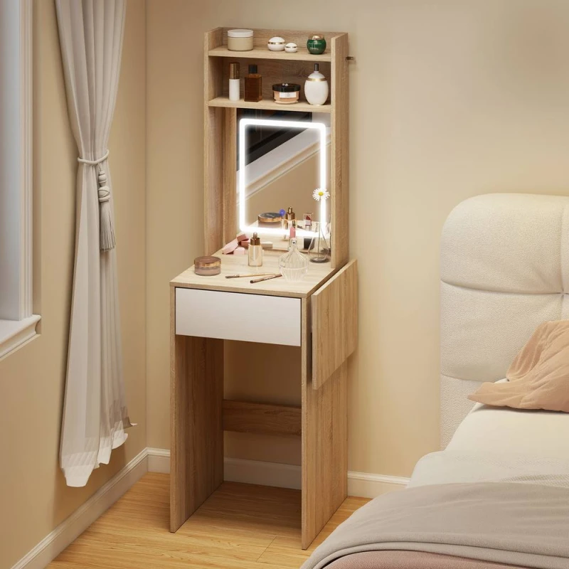 Image of HOMCOM Compact Dressing Table with Lighted Mirror Open Shelves Drawer in Natural Natural Unisex