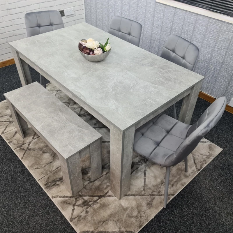 Image of KOSY KOALA Dining Table and 4 Chairs With Bench Stone Grey Effect Wood Table 4 Grey Velvet Chairs Dining Room Stone grey 117 + 4 grey rocco + 1 benche