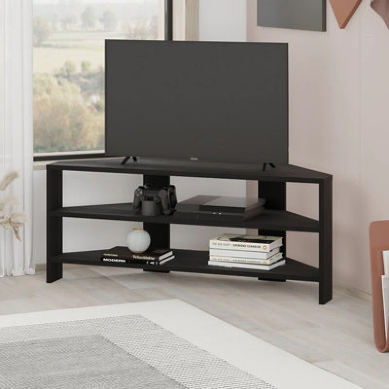Image of Decortie Thales Corner Modern TV Unit Entertainment Stand Black Wood 32" Tvs H 43Cm W 110Cm