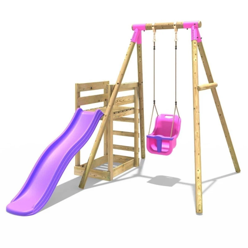 Image of Rebo Wooden Single Swing Set with Baby Seat and Slide - Pluto Pink Pink
