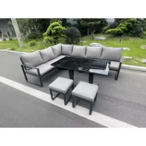 Image of Fimous 6 Seater Outdoor Dark Grey Aluminum Corner Sofa Complete Dining Set with Adjustable Rising Lifting Table and 2 Stools