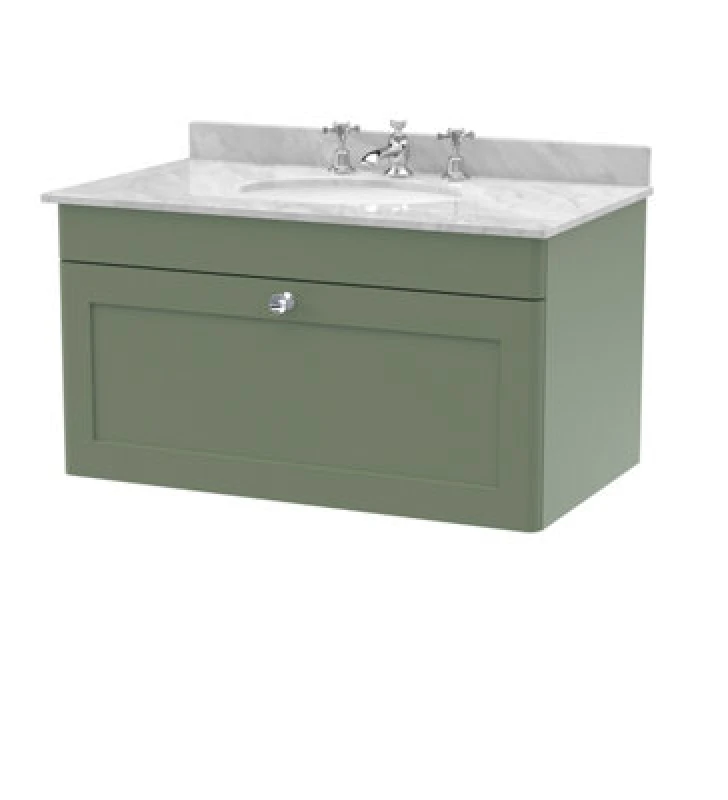 Image of NUIE Classique Satin Green 800mm Wall Hung Single Drawer Vanity Unit with Grey Marble Countertop and Round Basin with 3 Tap Holes - CLC896GR3 - Nuie C