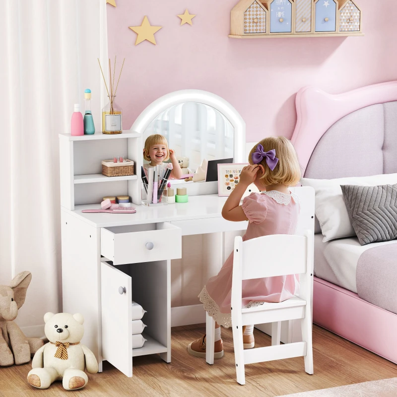 Image of AIYAPLAY Girls Dressing Table with 2-Colour LED Mirror & Stool, White White Unisex