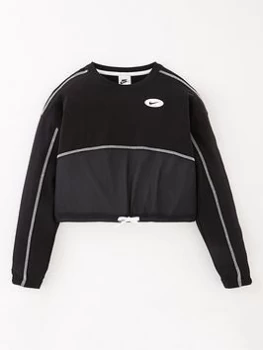 Image of Nike Older Girls NSW Crop Jersey Crew Neck Sweatshirt - Black/White, Size S=8-10 Years, Women