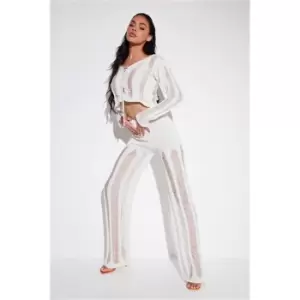 Image of I Saw It First Cream Frayed Knit Wide Leg Trousers Co-Ord - White