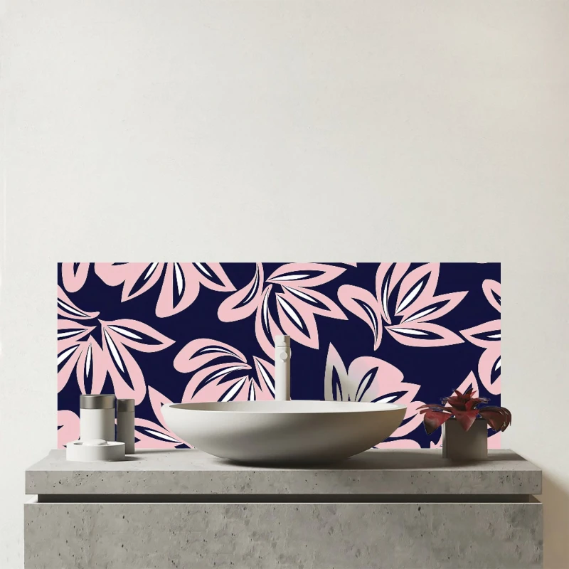 Image of Warren Reed - Designer Pink Navy Floral Botanical Pattern Glass Bathroom Splashback Pink Unisex