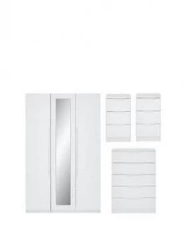 Image of Monaco Part Assembled 4 Piece Gloss Package - 3 Door Mirrored Wardrobe, 5 Drawer Chest And 2 Bedside Chests
