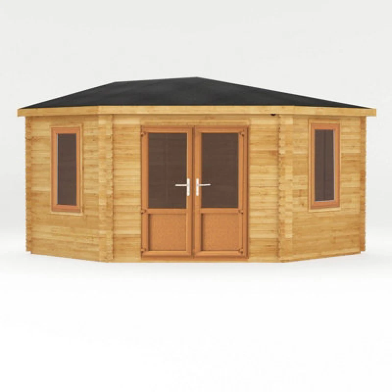 Image of Mercia 4 X 4 M Corner Cabin With Oak Upvc Windows And Doors - 44mm - Timber - L415.1 X W409.3 X H286.8cm - Brown