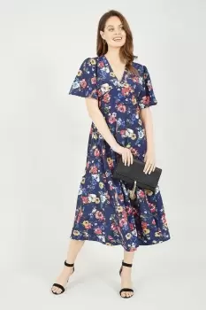 Image of Navy Bird And Floral Print Midi Dress
