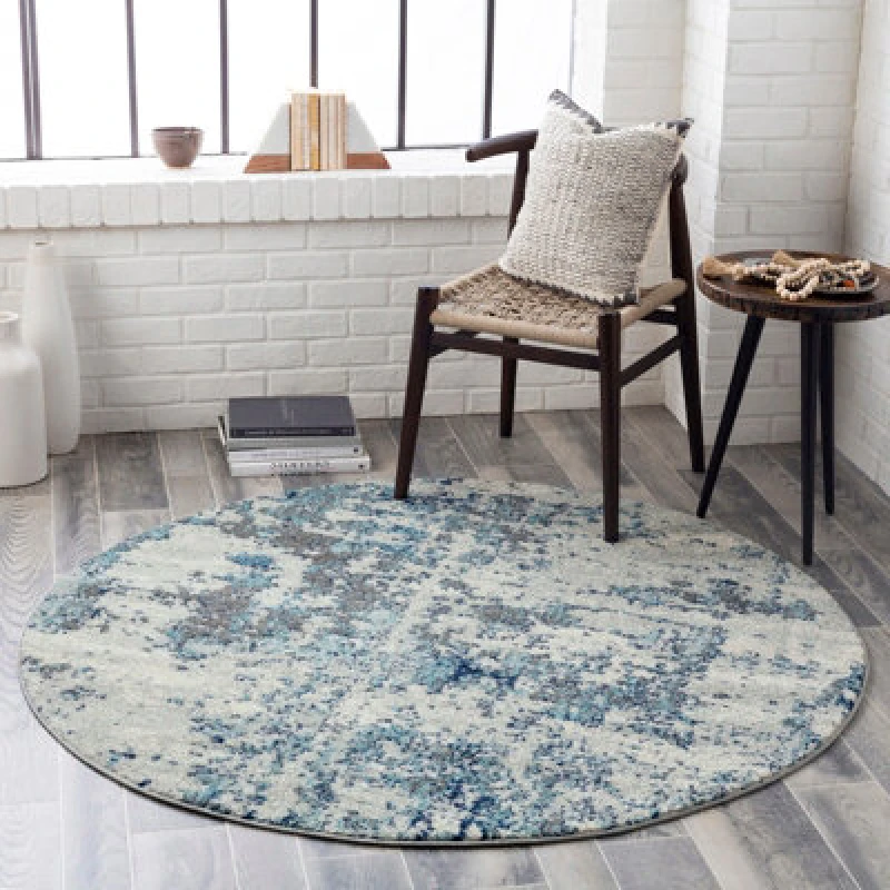 Image of Livabliss Round Abstract Modern Marble Navy/aqua Sarah Area Rug 160 X 160 Cm - Easy Care, Non Shedding, Ideal For Living Room & Bedroom