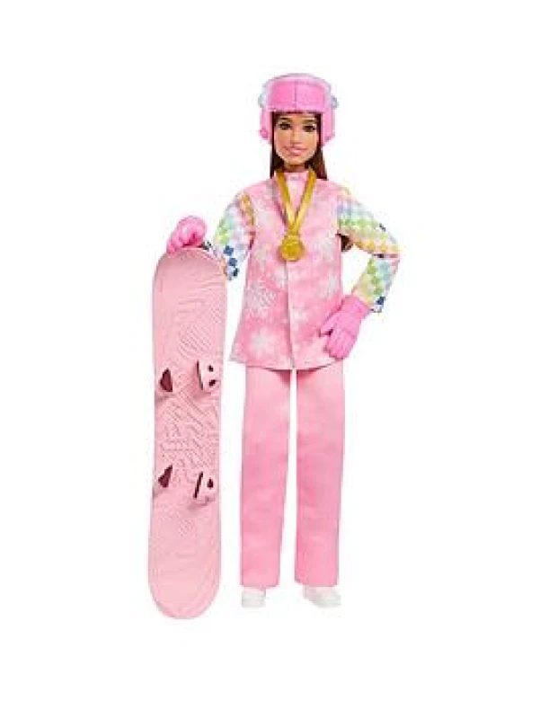 Image of Barbie Careers Snowboarder Doll Wearing Pink Snow Jacket Pants & Boots with 10+ Accessories Including Color-Change Snowboard JKF78