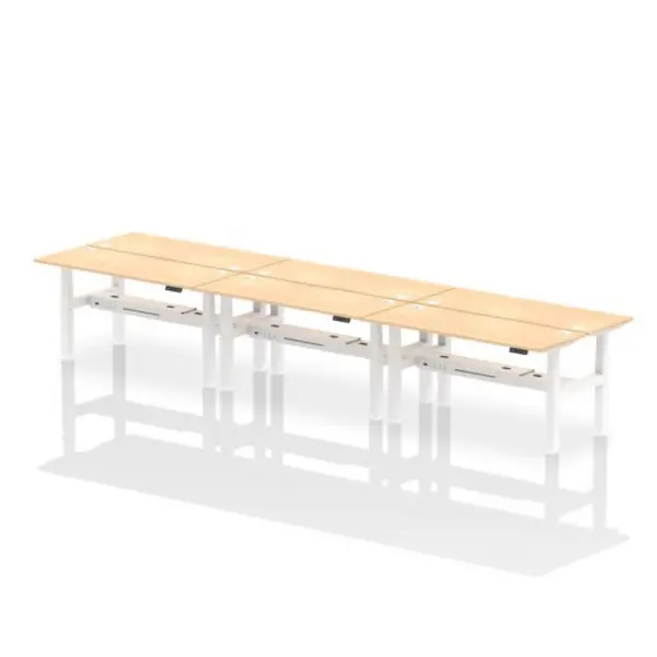 Image of Air Air Back-to-Back 1600 x 600mm Height Adjustable 6 Person Bench Desk Maple Top with Cable Ports White Frame HASCP6P16600MPEW
