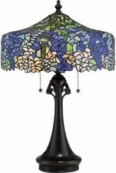 Image of 3 Bulb Table Lamp - Tiffany Style Coloured Glass - Smooth Round Base and Stem