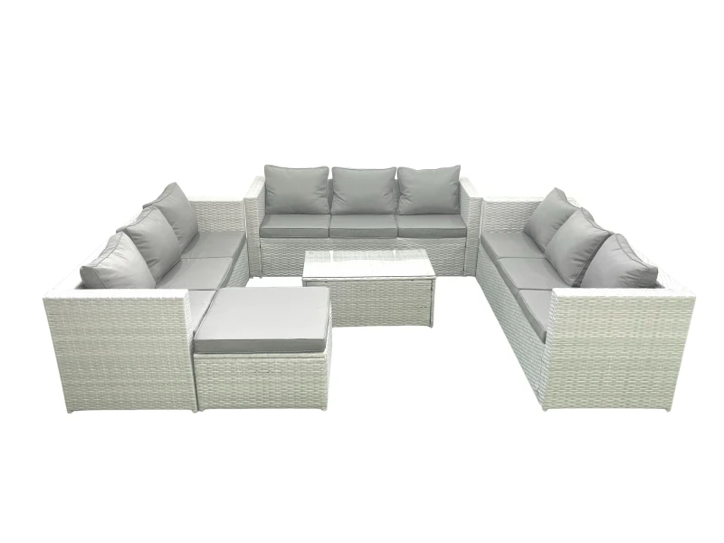 Image of Fimous Rattan Garden Outdoor Furniture Set 10 Seater Garden Sofa Coffee Table Set with Big Footstool Light Grey Mixed Light Grey