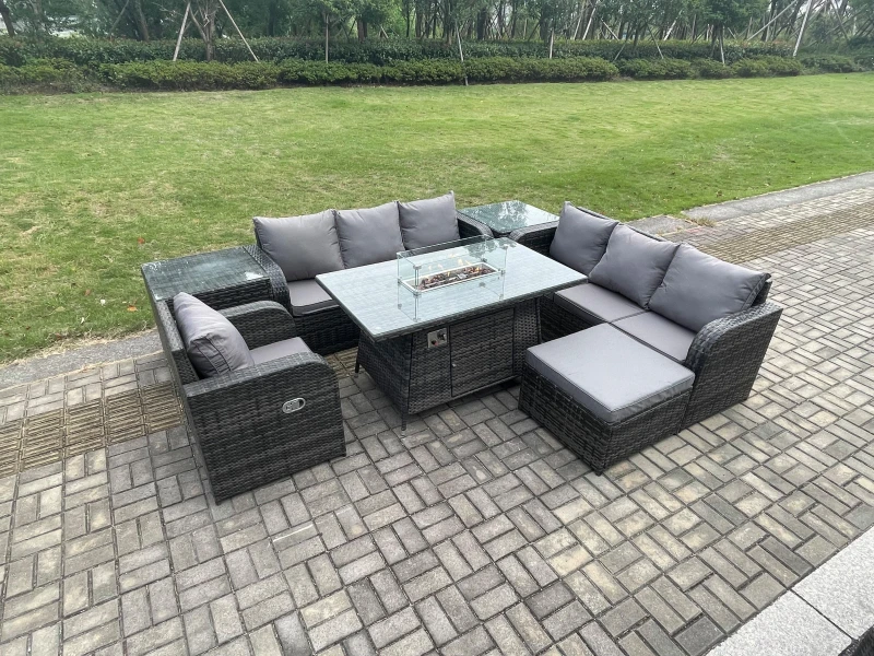 Image of Fimous Rattan Outdoor Furniture Gas Fire Pit Rectangle Dining Table Gas Heater Reclining Chair Sets with Big Footstool 2 Side Tables Dark Grey