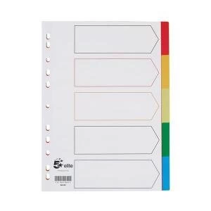 Image of Elite A4 Divider 5 Part Polypropylene Punched Reinforced Coloured Tabs