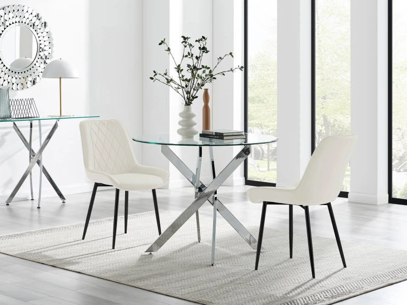Image of FurnitureboxUK FurnitureboxUK Novara 100cm Round Dining Table and 2 Pesaro Black Leg Chairs in Cream Cream One Size Unisex 5061064381004