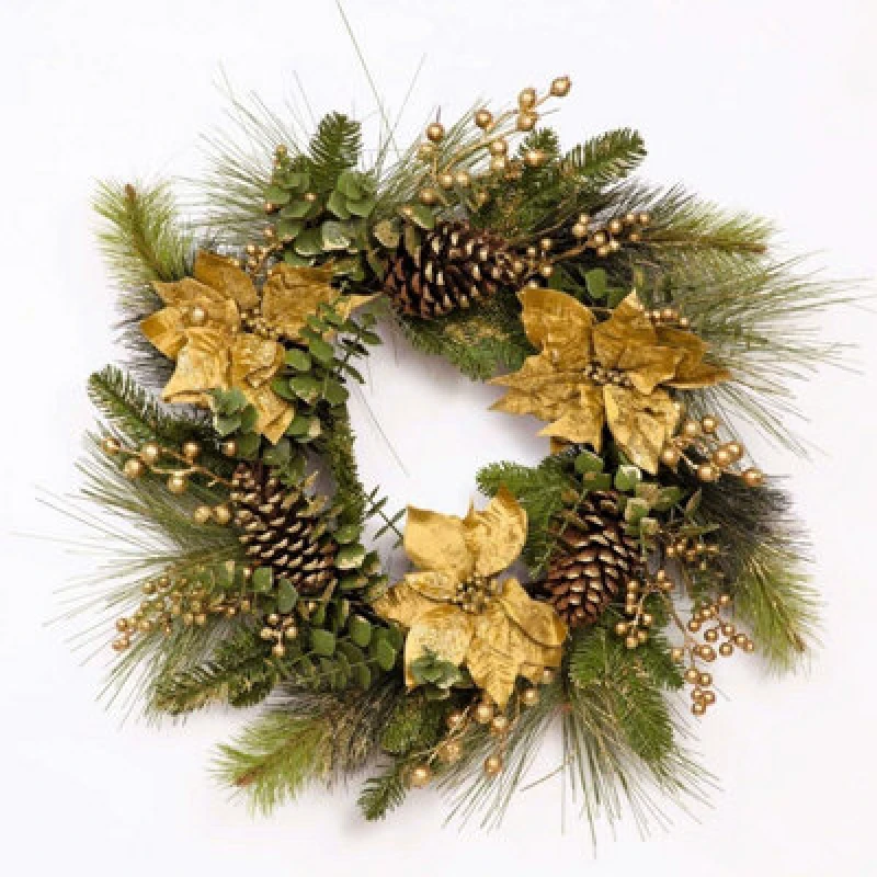Image of Shatchi 60cm Christmas Wreath with Gold Berries, Poinsettia, Eucalyptus Leaves, Pine Cones, Grapevine Gold