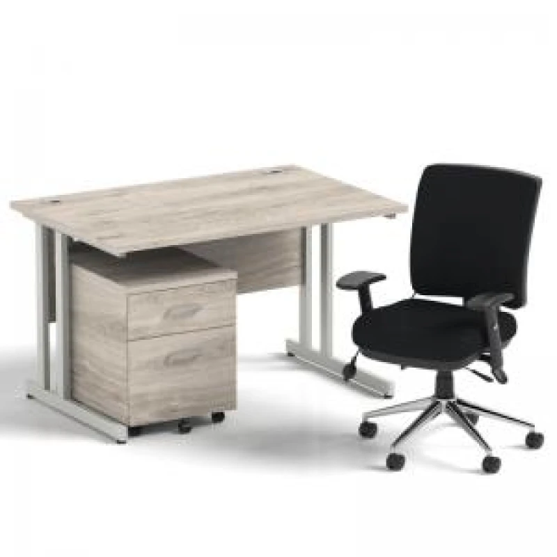Image of Impulse Bundles Impulse 1200mm Straight Office Desk Grey Oak Top Silver Cantilever Leg with 2 Drawer Mobile Pedestal and Chiro Medium Back Black IRDC