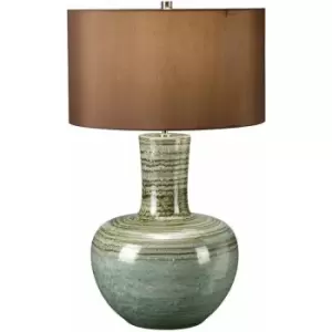 Image of Table Lamp Brown Cylinder Shade Green Stripy Reactive Glaze LED E27 60W Bulb