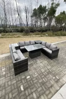 Image of Fimous 9 Seater Outdoor Dark Grey Rattan Garden Dining Sofa Set with Adjustable Dining Table and 2 Side Coffee Tables
