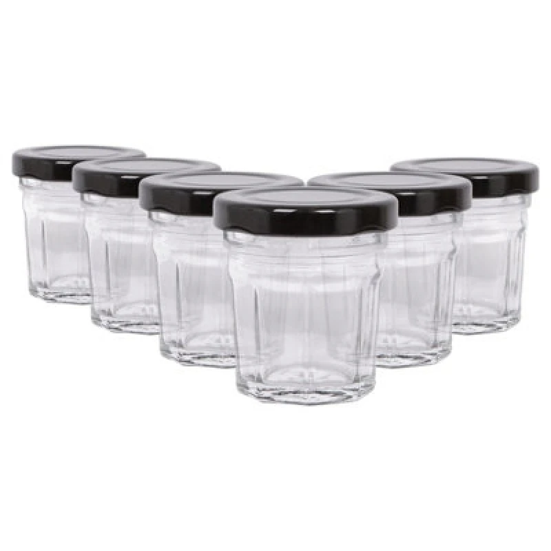 Image of Argon Tableware Glass Jam Jars With Black Lids - 30ml - Pack Of 6