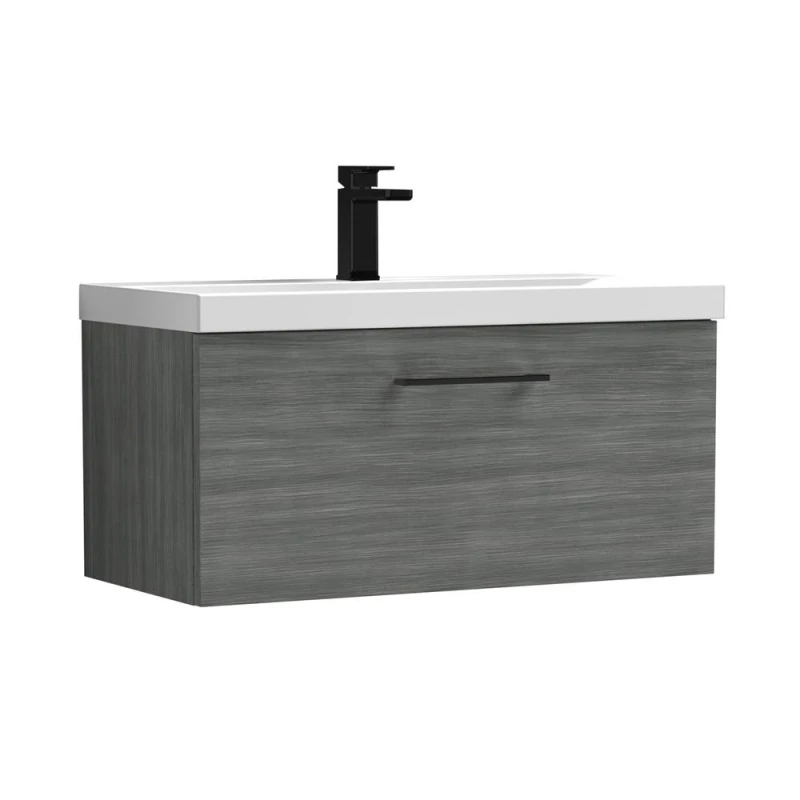 Image of Balterley 800mm Wall Hung 1 Drawer Vanity, Woodgrain Anthracite, Black Handle in Grey Grey Unisex