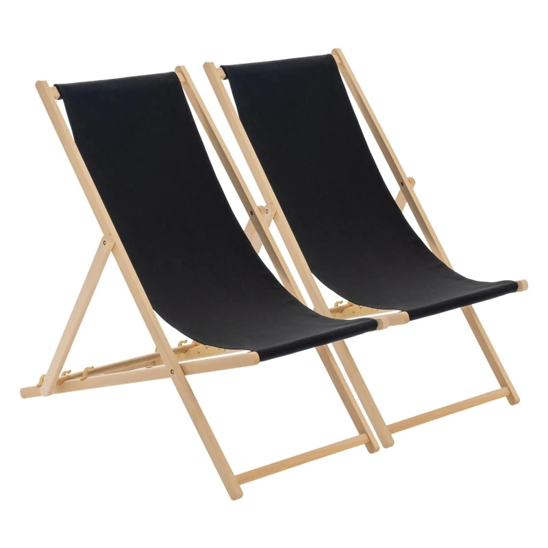 Image of Harbour Housewares Folding Wooden Deck Chairs Black Pack of 2 Black