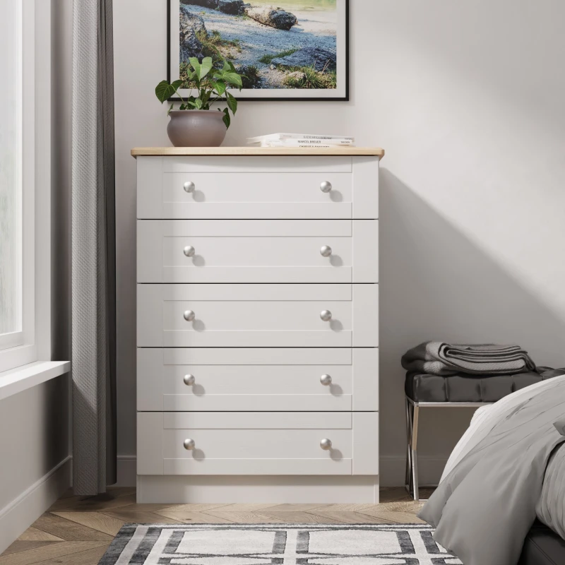 Image of Welcome Furniture Ready Assembled Sussex 5 Drawer Chest In Grey Ash & Bardolino Oak, Grey SUS012GABO