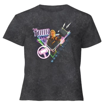 Image of Marvel Party Thor Womens Cropped T-Shirt - Black Acid Wash - XL - Black Acid Wash