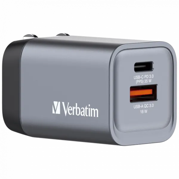 Image of Verbatim Verbatim GNC-35 GaN Charger 35W with 1 x USB-C PD 35W / 1 x USB-A QC 3.0 (EU/UK/US) 32200