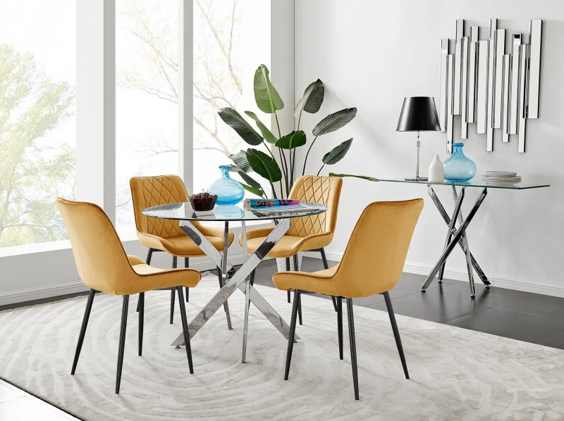 Image of FurnitureboxUK FurnitureboxUK Novara 100cm Round Dining Table and 4 Pesaro Black Leg Chairs in Mustard Mustard One Size Unisex 5056542663680