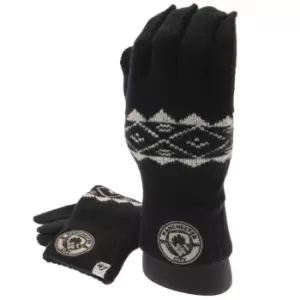 Image of Manchester City FC Fairisle Adults Unisex Knitted Gloves (One Size) (Black/White)