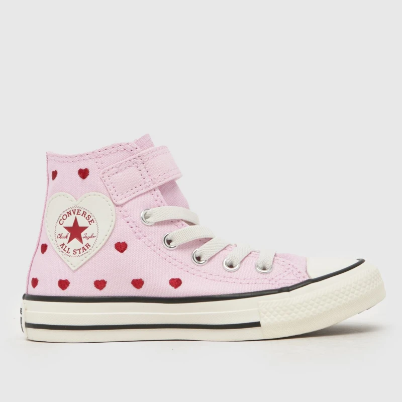 Image of Converse Pink Chucks in Love All Star Hi 1V Girls Junior Trainers Pink UK 2 (EU 34)