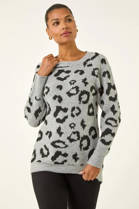 Image of Roman Womens Jacquard Animal Print Jumper in Grey Size: 10 Grey Female 10