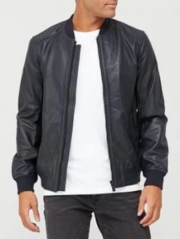 Image of Superdry Leather Light Bomber Jacket - Navy, Size L, Men