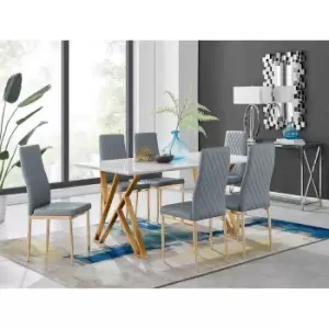 Image of Furniture Box Taranto White High Gloss Dining Table and 6 Grey Gold Leg Milan Chairs
