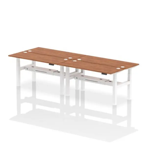 Image of Air Air Back-to-Back 1600 x 600mm Height Adjustable 4 Person Bench Desk Walnut Top with Cable Ports White Frame HASCP4P16600WNTW