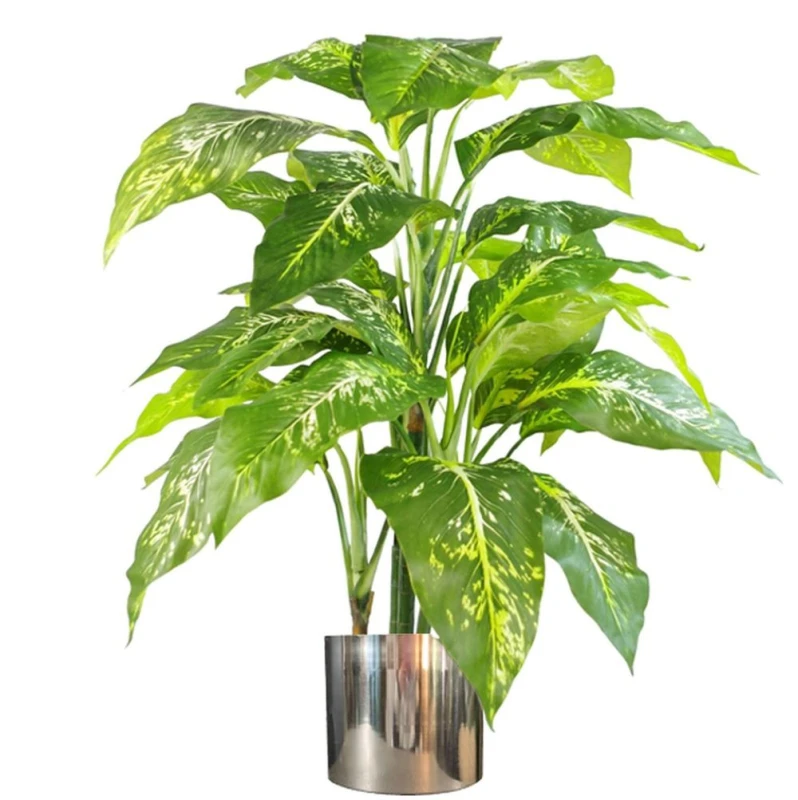 Image of Leaf Design 100cm Large Fox's Aglaonema (Spotted Evergreen) Tree Artificial Plant with Silver Metal Planter