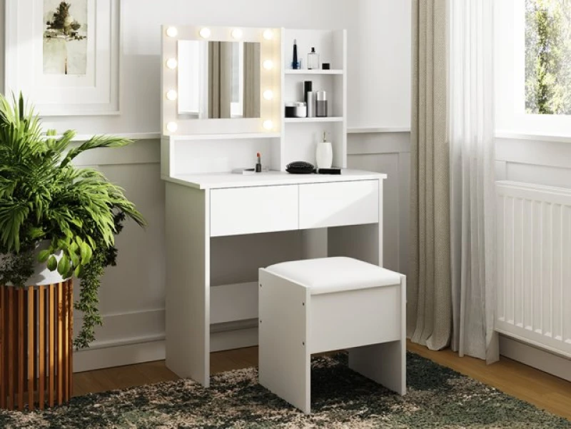 Image of GFW Eva White 2 Drawer Dressing Table Set with LED Lighting