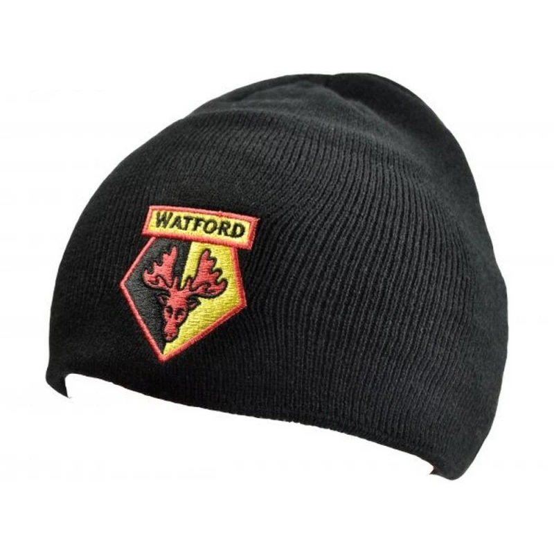 Image of Watford FC Mens Embroidered Knitted Roll Down Beanie in Black Male One Size