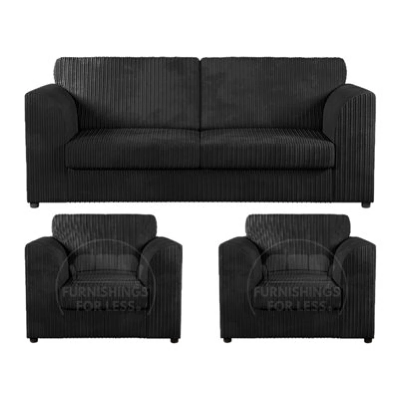 Image of Furnishings For Less UK Luxor Jumbo Cord 3 + 1 + 1 Fabric 3 Piece Sofa Suite - Fullback Black
